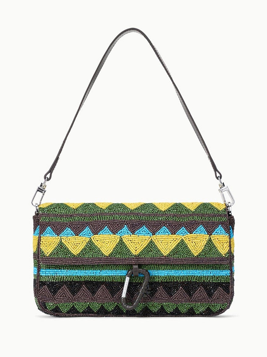 The STAUD Timmy Shoulder Bag in Happy Sack features a rectangular beaded design with a yellow, green, blue, and brown geometric pattern, black strap, front buckle closure, and an interior zip pocket for convenience.