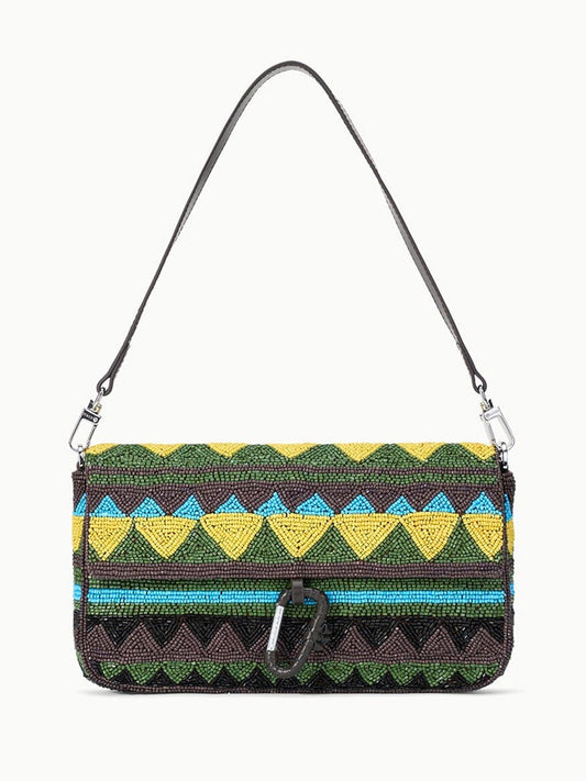 The STAUD Timmy Shoulder Bag in Happy Sack features a rectangular beaded design with a yellow, green, blue, and brown geometric pattern, black strap, front buckle closure, and an interior zip pocket for convenience.