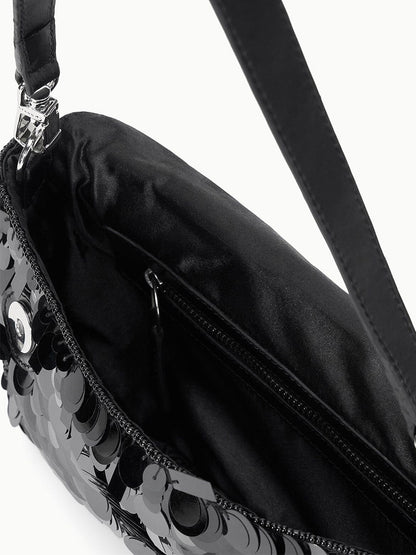 The STAUD Timmy Shoulder Bag in Black features sequins, an open top, zippered interior pocket, fabric lining, and a detachable strap.
