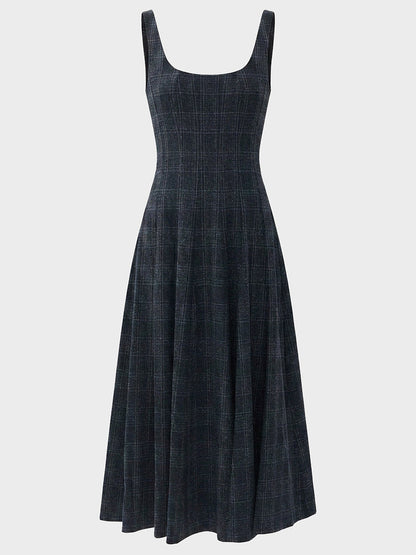 STAUD Wells Midi Sleeveless Dress in Ink Blue Plaid, featuring a square neckline, fitted waist, and full skirt.
