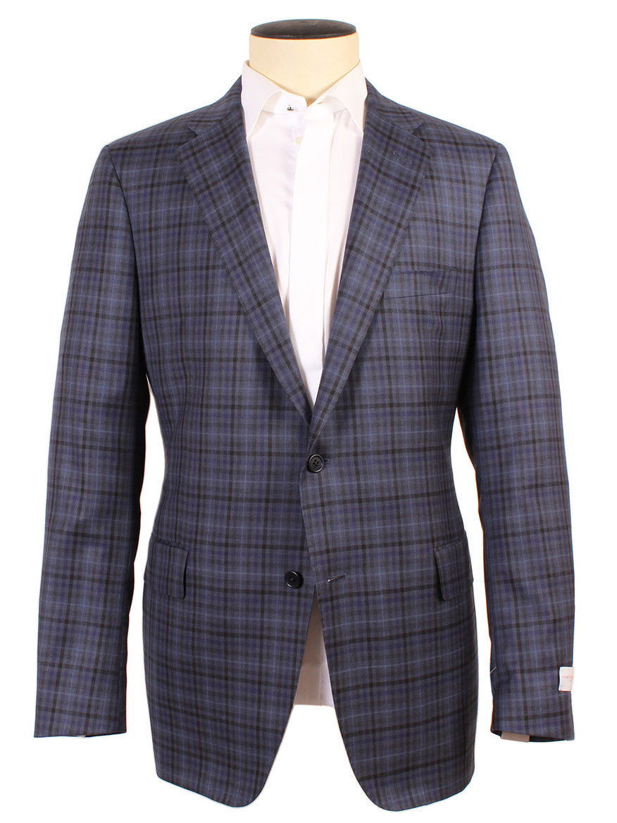 A Samuelsohn Bennet Sport Jacket in Blue & Black Plaid, crafted from 17 micron wool, displayed on a mannequin dummy.