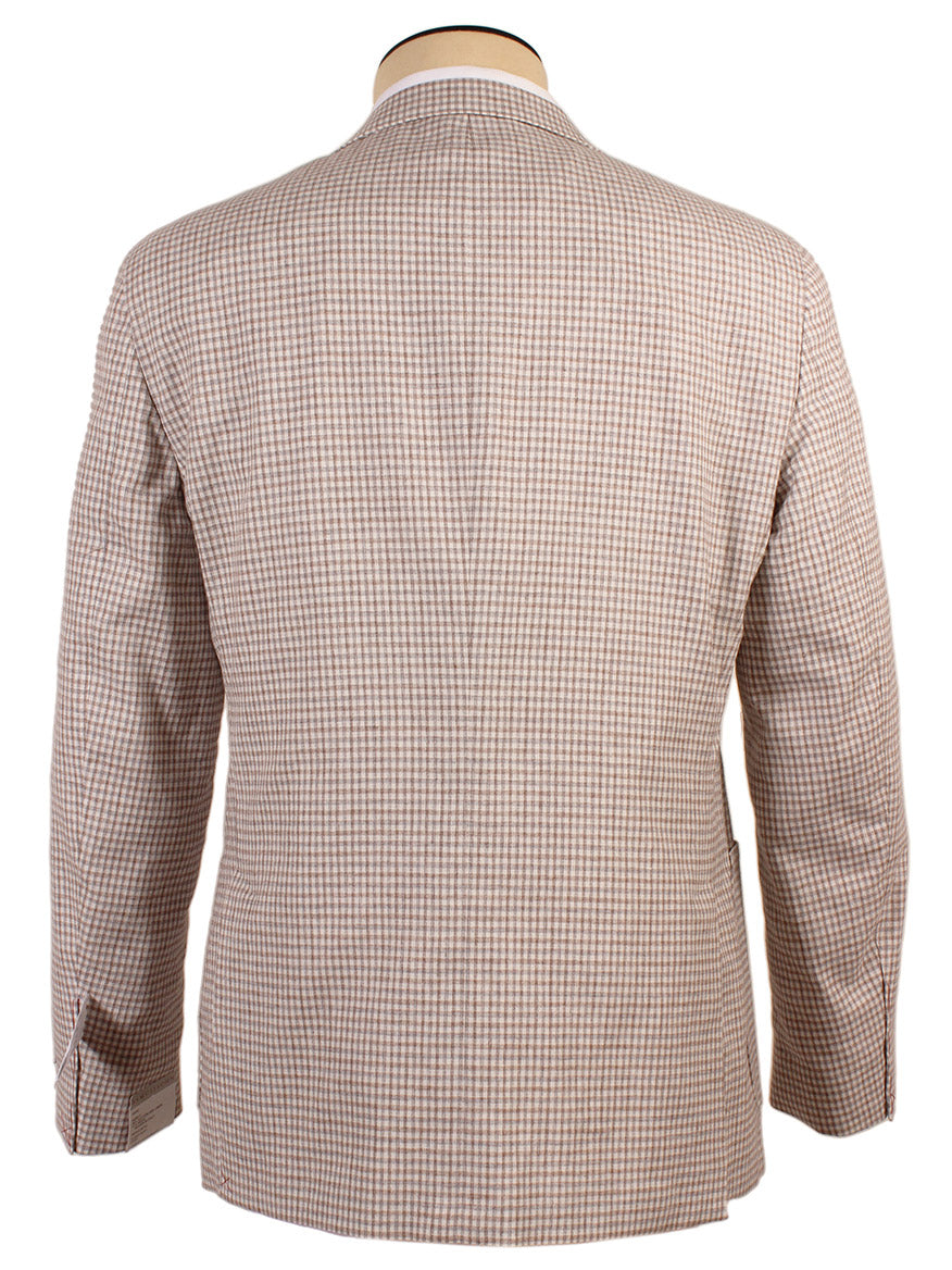 A mannequin wearing a Samuelsohn Super Light Sport Jacket in Cream/Brown/Grey Check, woven in Italy.