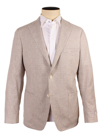 A mannequin wearing a Samuelsohn Super Light Sport Jacket in Cream/Brown/Grey Check woven in Italy.