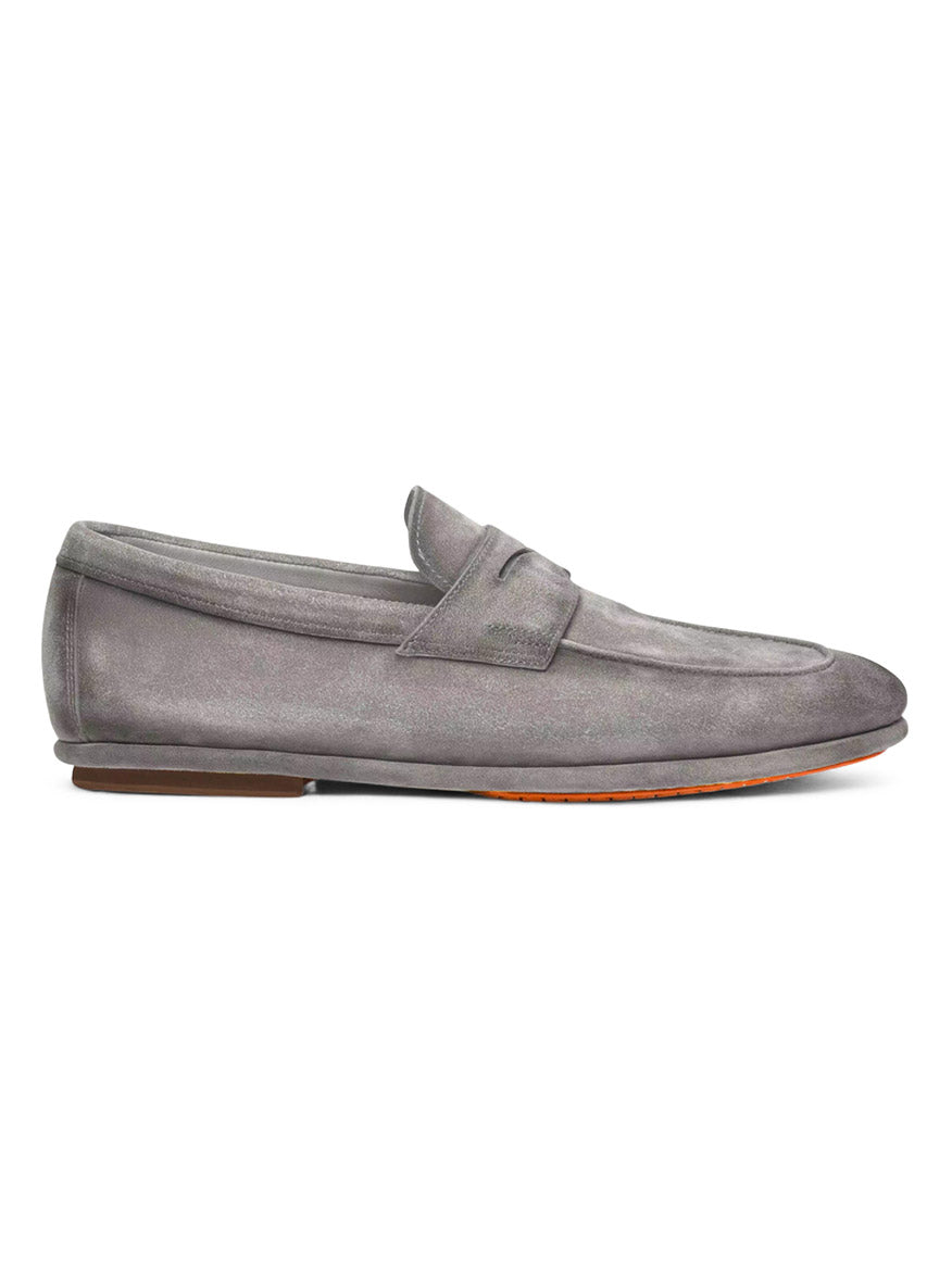 Santoni Carlo Driver Penny Loafer in beige suede features a low heel, penny strap, orange sole accent, and Italian craftsmanship. Shown in a left side profile view.