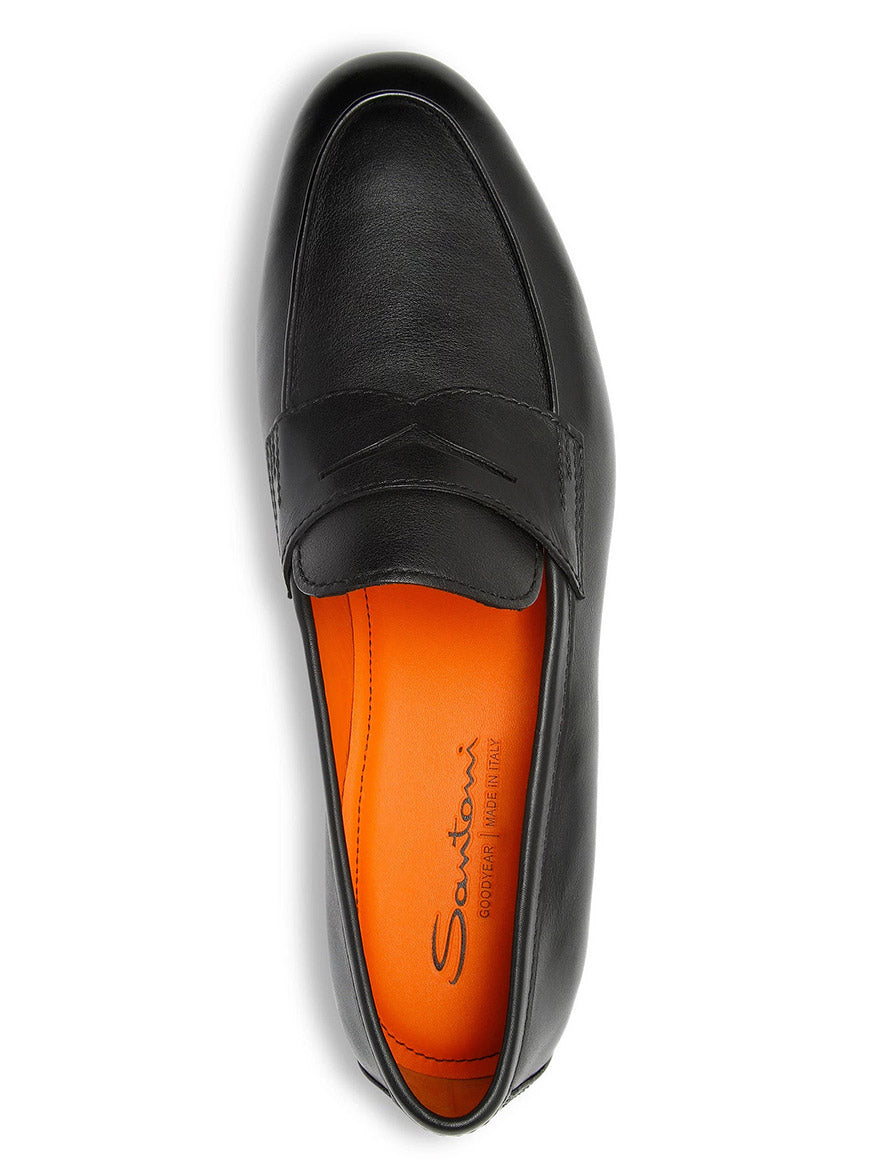 Top view of the Santoni Carlos Black Leather Penny Loafer, featuring premium leather, a penny strap, and an orange insole stamped with the Santoni logo.