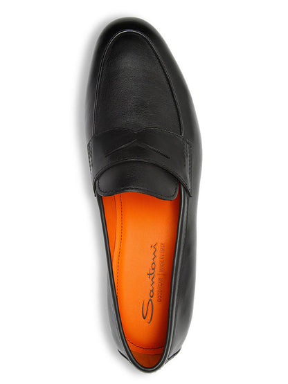 Top view of the Santoni Carlos Black Leather Penny Loafer, featuring premium leather, a penny strap, and an orange insole stamped with the Santoni logo.
