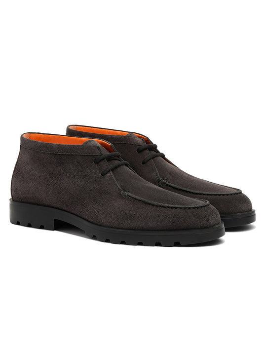 The Santoni Desert Lace Up Boot in Grey Suede, featuring black rubber soles and orange inner lining, made in Italy, is shown on a white background.