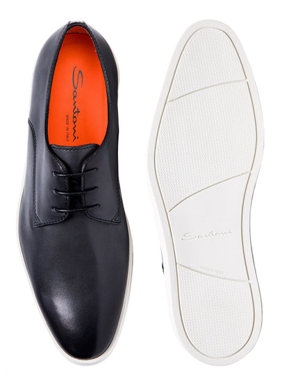 Top view of a Santoni Dilate Leather Oxford in Grey shoe and its sole displayed side by side.