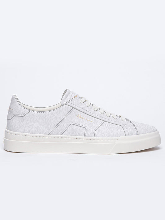 Santoni Double Buckle Sneaker in White with lace-up front and a low-top design, crafted from premium-quality leather, displayed against a plain light background.