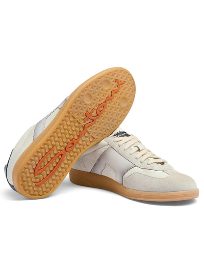 The Santoni Double Buckle Sneaker in White/Blue features a stylish leather design with double buckle details, classic gum soles, and retro tennis shoe appeal, highlighted by its sleek white and blue color combination.