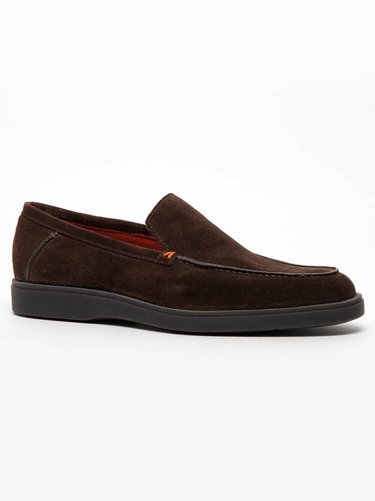 Santoni Drain Loafer in Dark Brown Suede, featuring a black rubber sole and expertly crafted from an Italian side view.