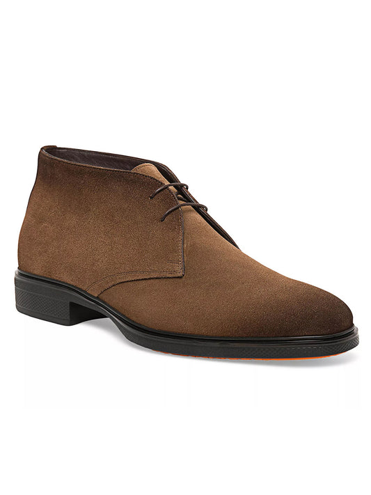 The Santoni Easy Desert Boot in Brown Suede, Italian-made with a burnished finish, dark sole, and lace-up design, is showcased at an angle on a white background.