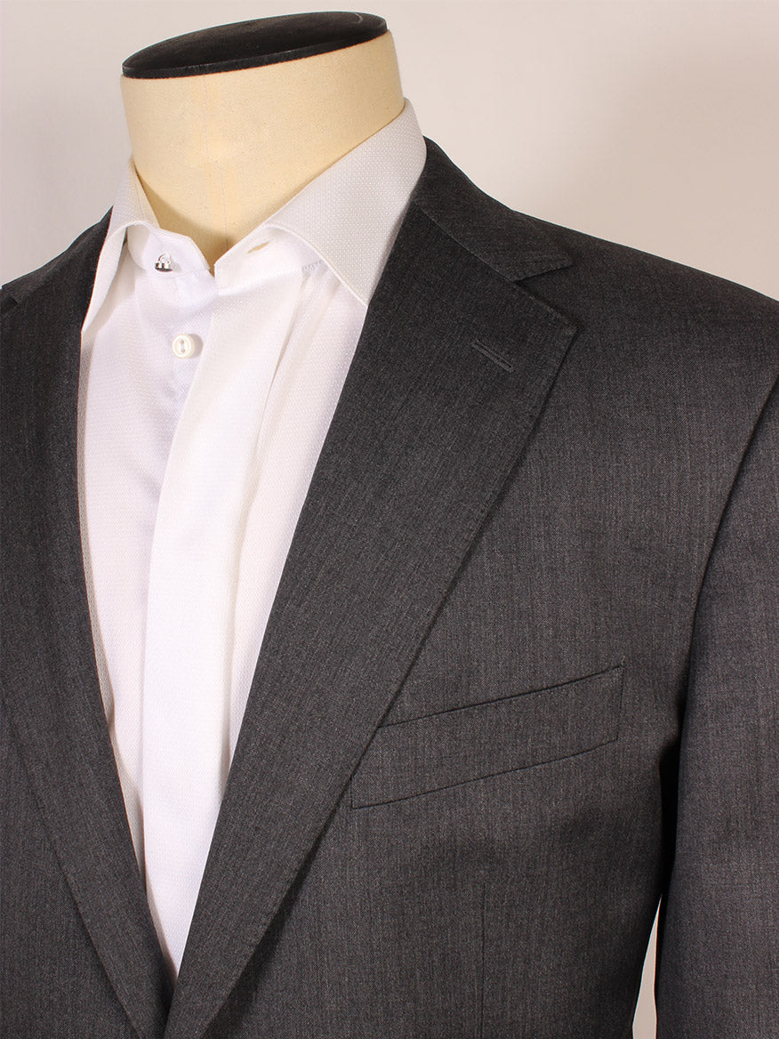 Scabal Mayfair Super 100s Suit in Solid Dark Grey with white shirt on a mannequin.
