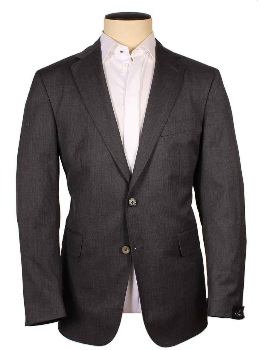 Scabal Mayfair Super 100s Suit in Solid Dark Grey suit jacket over a white shirt with the top button undone; displayed on a mannequin without a head or arms at Larrimor's.