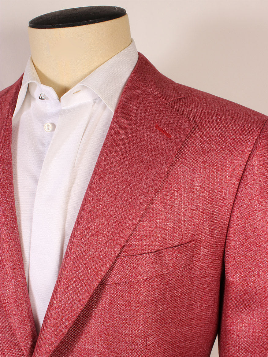 Custom made Scabal Soho Taormina sport jacket in soft red on mannequin with white shirt, Italy.