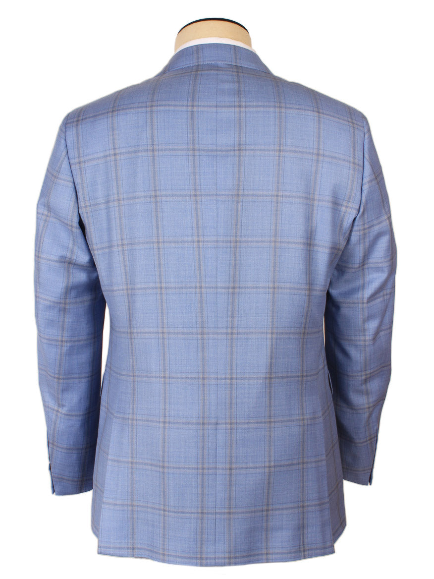 A Scabal Soho Mosaic sport jacket in Light Blue/Grey Plaid, custom made in Italy, displayed on a mannequin from the back view.