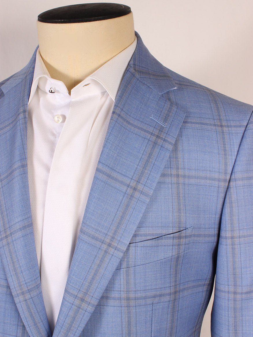 Mannequin displaying a Scabal Soho Mosaic Sport Jacket in Light Blue/Grey Plaid, custom made in Italy, with a white shirt and tie.