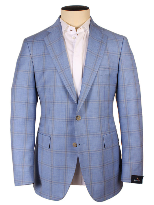 A Scabal Soho Mosaic sport jacket in light blue/grey plaid with a white shirt and no tie displayed on a mannequin, custom made in Italy.