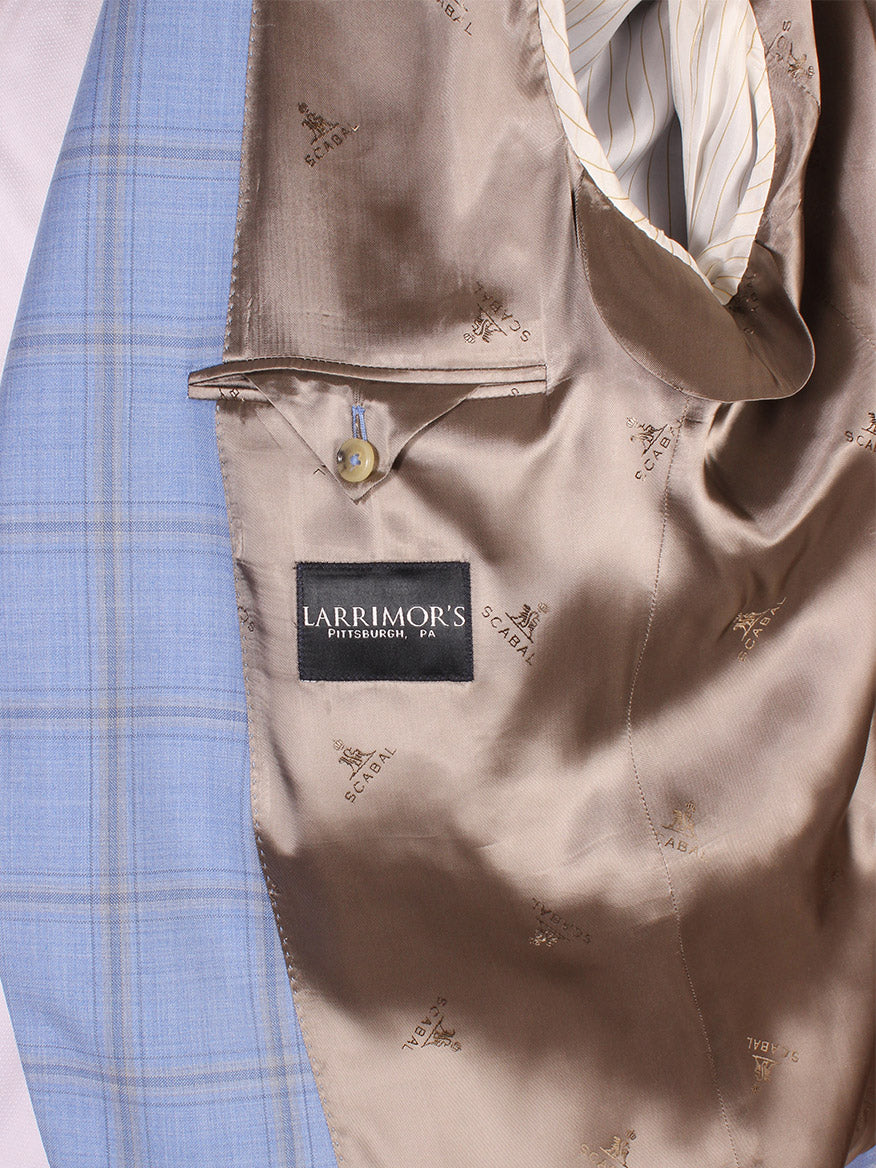 Close-up of a formal Scabal Soho Mosaic sport jacket in Light Blue/Grey Plaid with a patterned silk lining and a blue shirt underneath. The clothing label "Larrimor's" is prominently displayed inside the jacket, indicating it is.