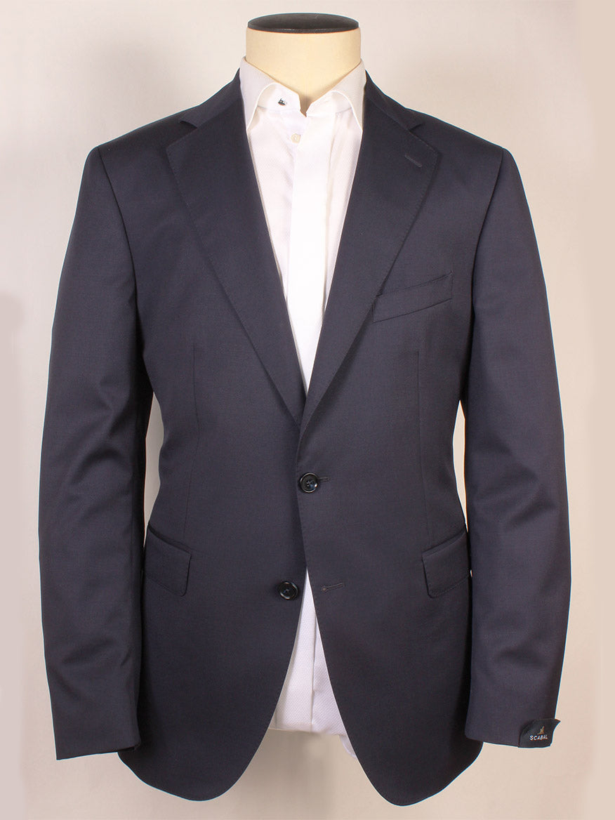 Scabal Soho Super 100s Wool Suit jacket in navy, featuring a classic two-button design, displayed on a mannequin and paired with a crisp white dress shirt against a plain background.