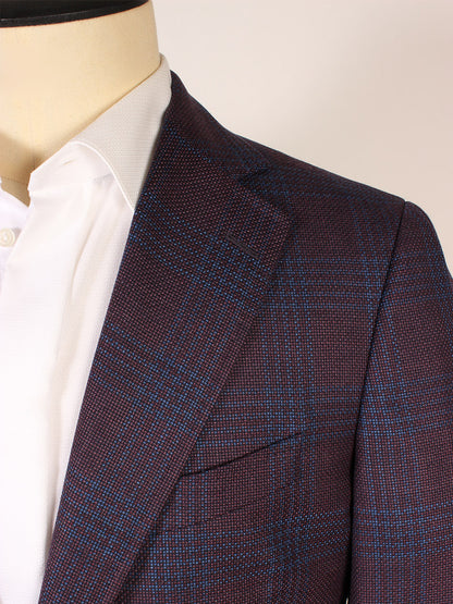 Close-up of the Scabal Soho Plaid Sport Jacket in Navy/Red, featuring blue checks and made in Portugal, worn over a white dress shirt on a mannequin.