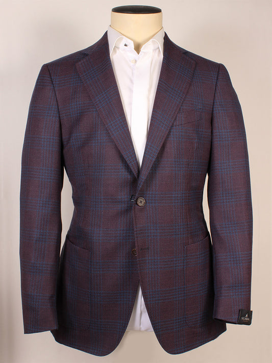 A mannequin displays the Scabal Soho Plaid Sport Jacket in Navy/Red—layered over a crisp white dress shirt, buttoned at the top.