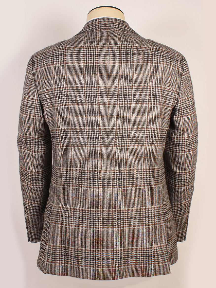 Scabal Soho Glenn Plaid Sport Jacket in Black/Brown displayed from the back on a mannequin, features long sleeves and a notched collar, crafted in a refined cashmere wool sport jacket style.