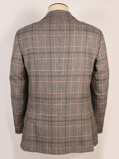 Scabal Soho Glenn Plaid Sport Jacket in Black/Brown displayed from the back on a mannequin, features long sleeves and a notched collar, crafted in a refined cashmere wool sport jacket style.