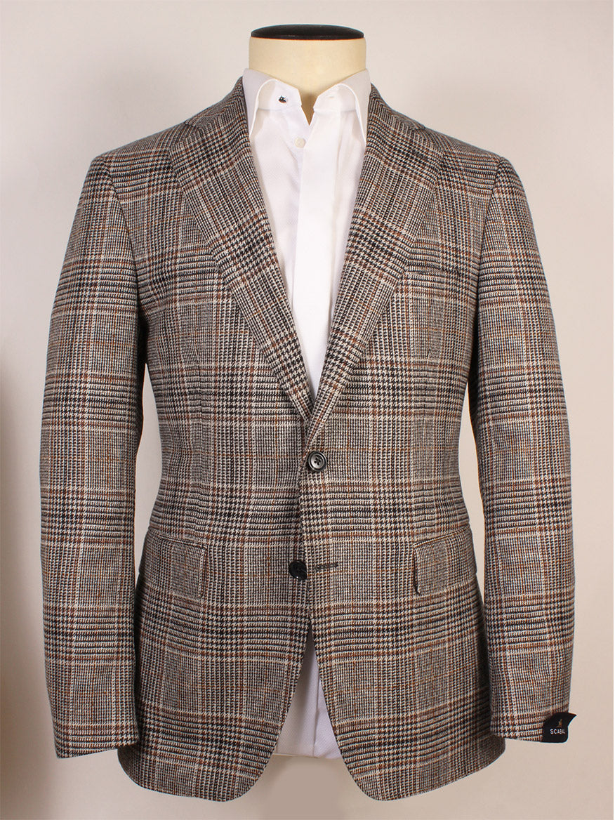 The Scabal Soho Glenn Plaid Sport Jacket in Black/Brown features a notched lapel, two-button closure, and front pockets, displayed on a mannequin over a white dress shirt. Crafted from a luxurious cashmere wool blend, this classic men’s blazer offers both comfort and timeless style.