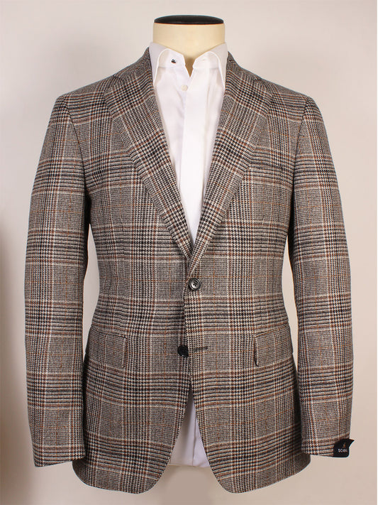 The Scabal Soho Glenn Plaid Sport Jacket in Black/Brown features a notched lapel, two-button closure, and front pockets, displayed on a mannequin over a white dress shirt. Crafted from a luxurious cashmere wool blend, this classic men’s blazer offers both comfort and timeless style.