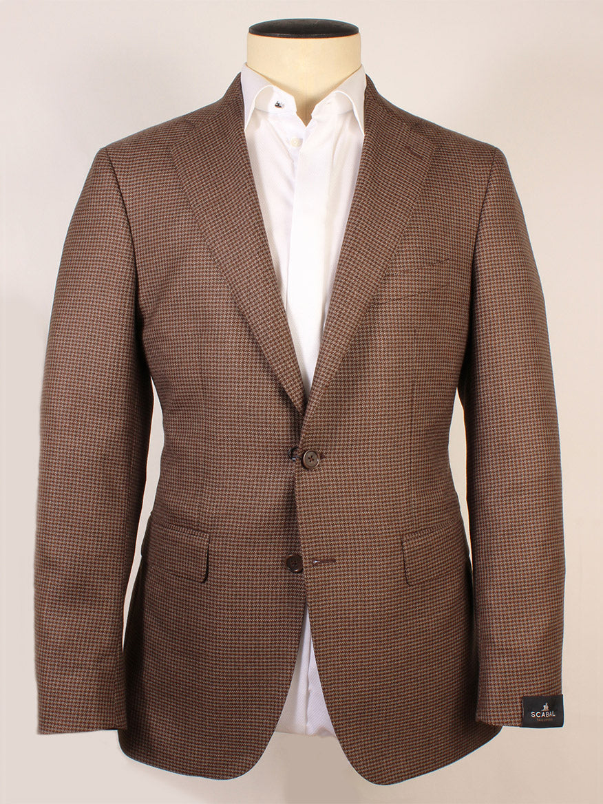 The Scabal Soho Houndstooth Sport Jacket in Brown, featuring notch lapels, two front buttons, and flap pockets, is displayed on a mannequin wearing a white dress shirt.