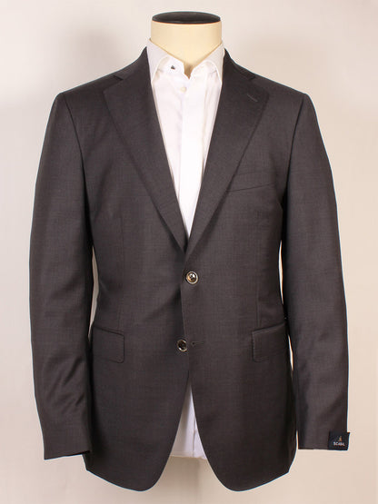 The Scabal Soho Wool Suit in Charcoal is a refined 2-button suit, expertly made in Portugal, featuring a wool jacket with notch lapels and two buttons, displayed over a white dress shirt on a mannequin against a plain background.