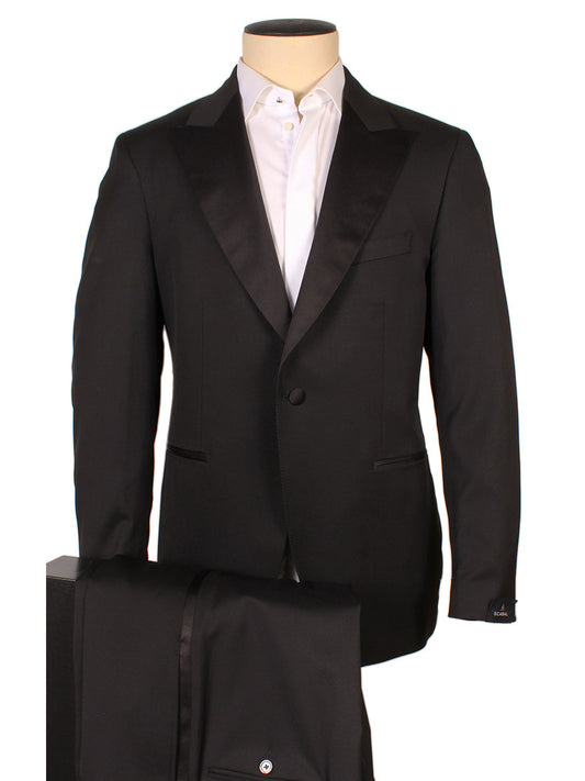 Scabal Black Satin Trim Super 100s Tuxedo jacket and trousers on a mannequin.