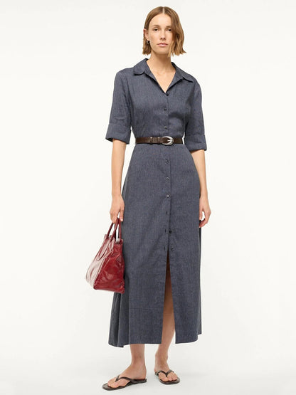 STAUD Joan Linen Dress in Chambray