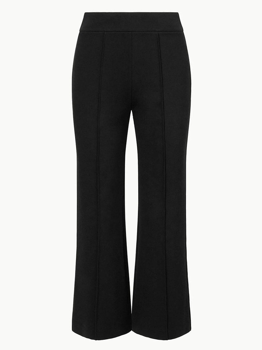 STAUD Knack Pant in Black, featuring a high waist and front seam detailing, made from a stretchy ponte knit with a wide-leg cut that ends at ankle length, shown against a plain white background.