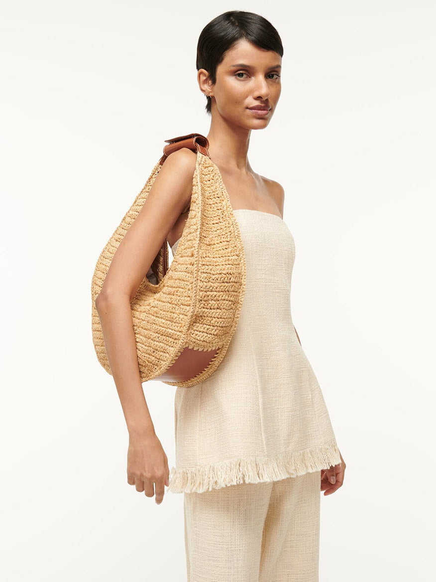 STAUD Large Raffia Moon Bag in Natural/Tan