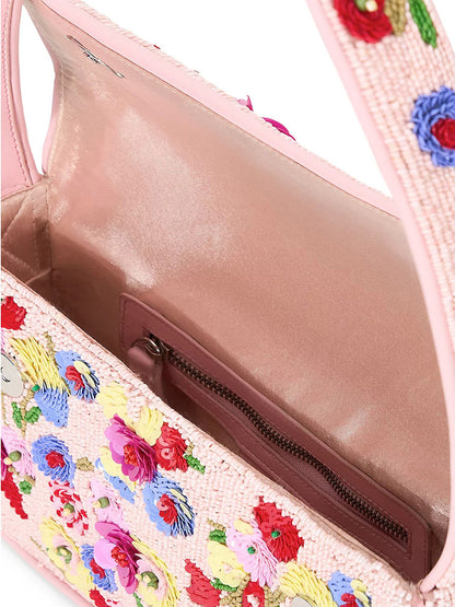 Open the STAUD Tommy Beaded Bag in Wildflowers, showcasing floral embroidery with embellished 3D flowers, and discover a zippered pocket inside.