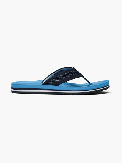 A single Swims Napoli Flip Flop in Aegean Blue with a black strap and arch support against a white background.