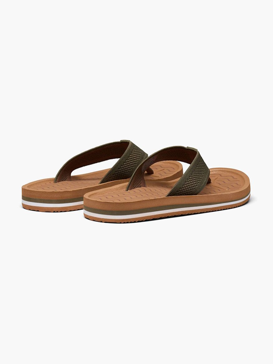 A pair of brown Swims Napoli flip-flops with green polyester knit straps on a white background.
