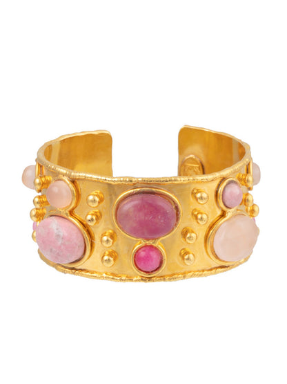 A Sylvia Toledano Cuff Byzantine in Pink Jade, brass gilded with fine gold, adorned with various sizes and colors of pink jade stones and red gemstones.