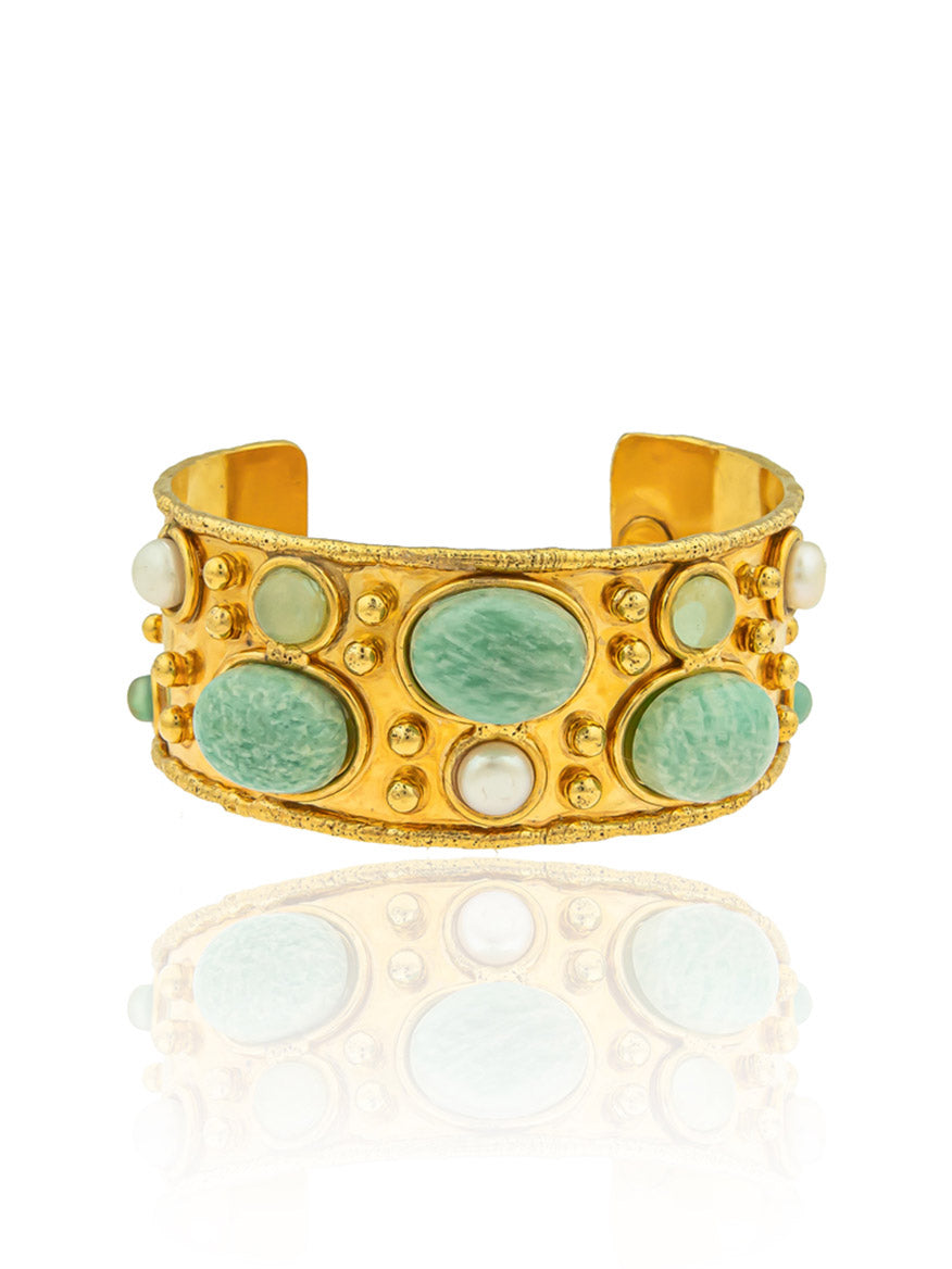 Sylvia Toledano's Byzantine cuff bracelet, elegantly designed with large amazonite stones and smaller pearls, complemented by a reflective surface underneath and pale green onyx accents for a regal touch.