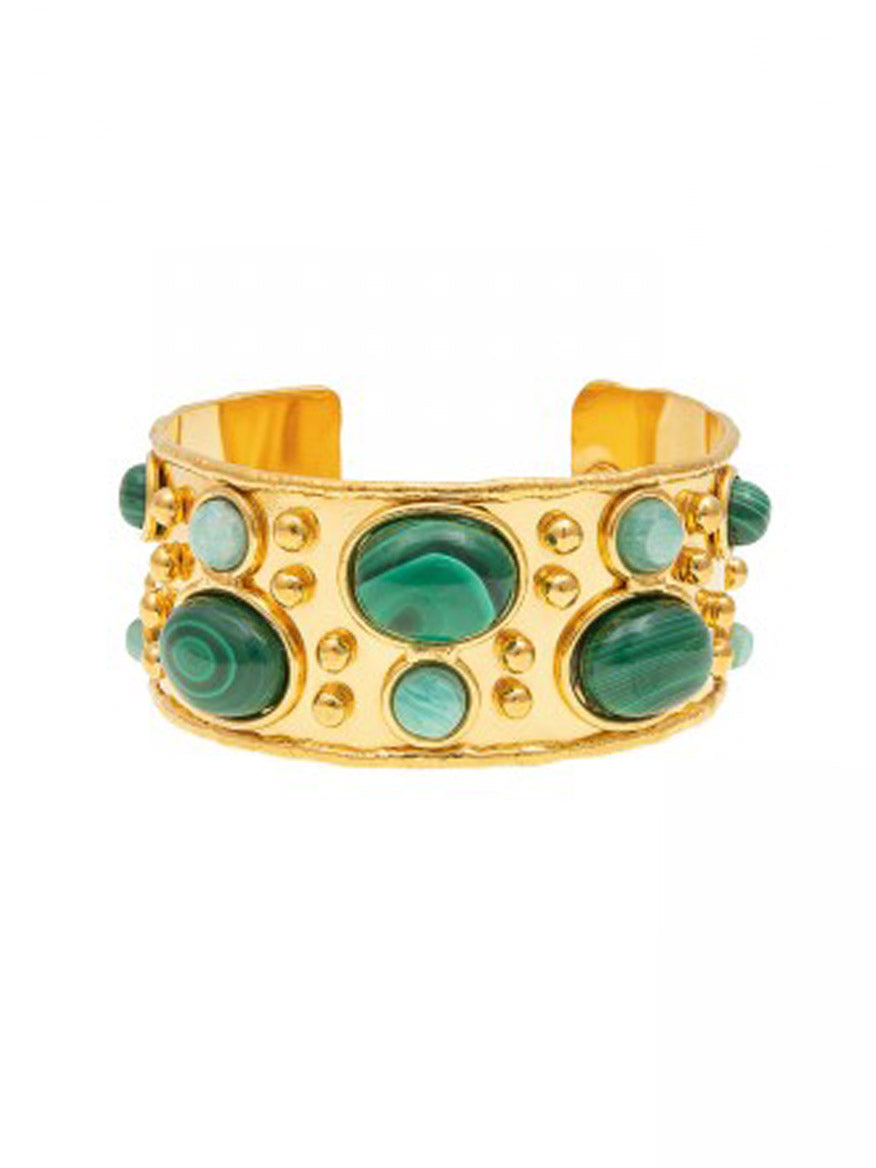 Sylvia Toledano Cuff Byzantine showcasing gold tones, adorned with striking green Amazonite stones and embossed circular patterns.