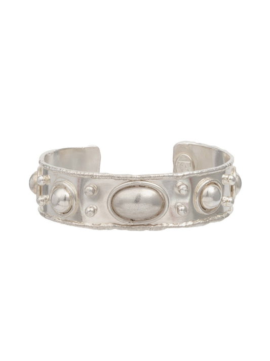 The Sylvia Toledano Cuff Byzantine in Silver is a bracelet designed with a textured pattern of oval and round raised shapes.