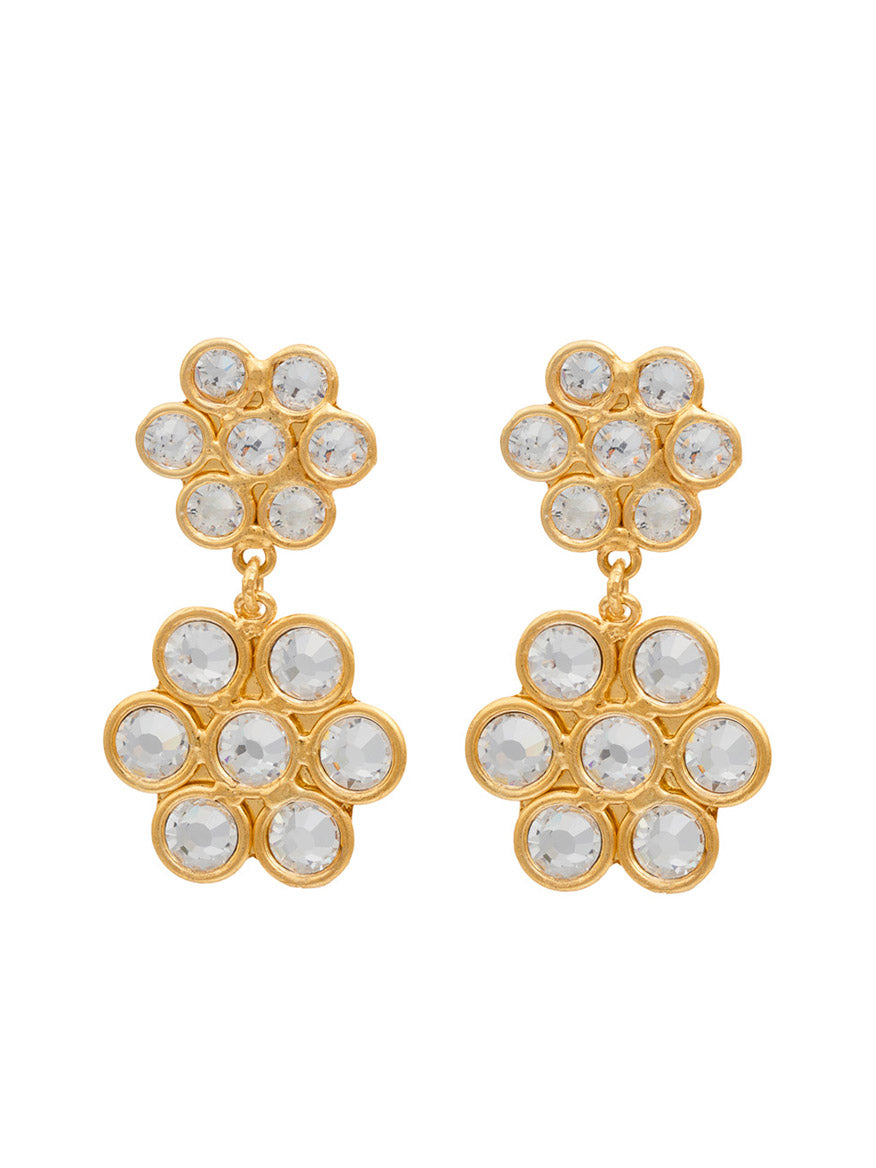 Sylvia Toledano Earrings Daisy in Gold & Swarovski Elements with a small flower design at the stud and a larger flower design below, both embellished with white Swarovski Elements.