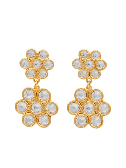 Sylvia Toledano Earrings Daisy in Gold & Swarovski Elements with a small flower design at the stud and a larger flower design below, both embellished with white Swarovski Elements.