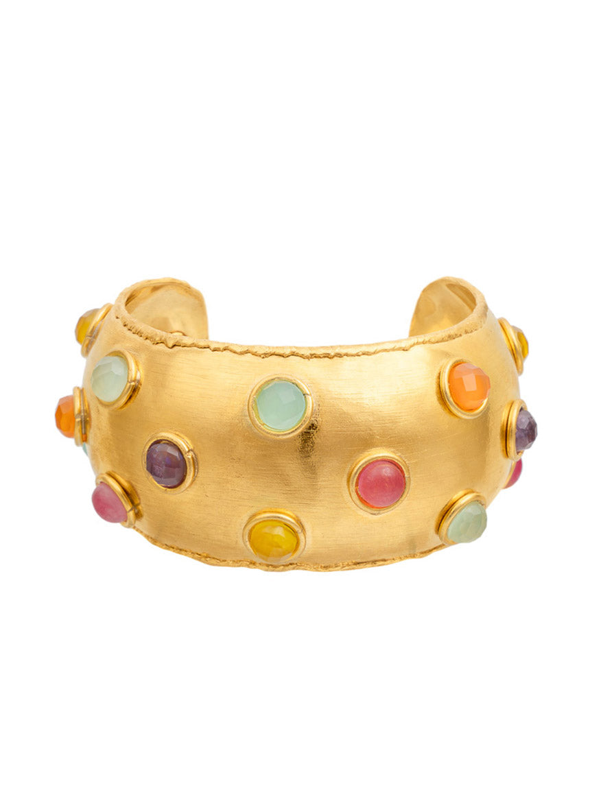 The Sylvia Toledano Cuff Dune in Gold & Multi Summer, crafted from fine gold, features a smooth finish and an open back. Adorned with various colorful Multi Summer stones, this piece makes for a stunning accessory.