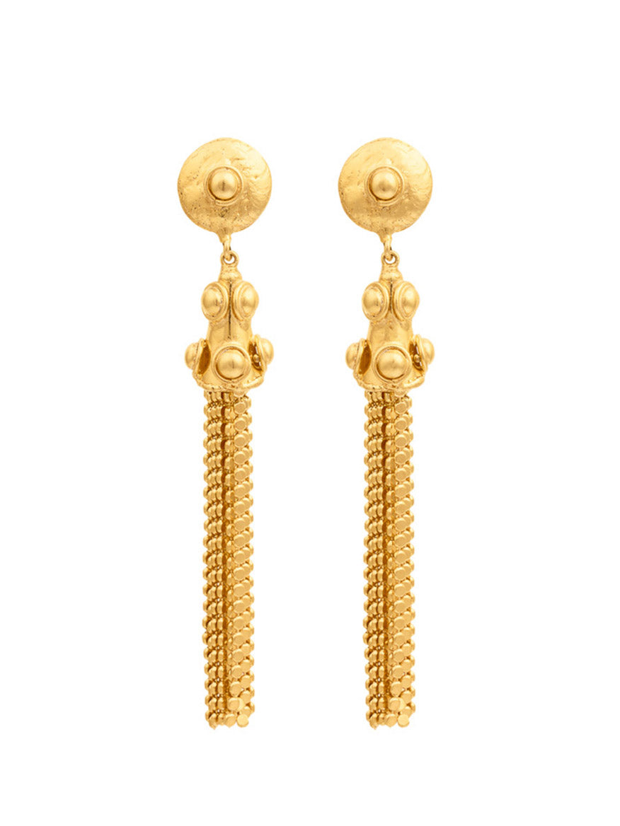 Introducing the Sylvia Toledano Earrings Gio in Gold: stunning gold dangle earrings featuring a stud top and an intricate brass chain design gracefully hanging down.