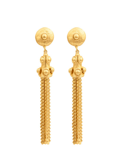 Introducing the Sylvia Toledano Earrings Gio in Gold: stunning gold dangle earrings featuring a stud top and an intricate brass chain design gracefully hanging down.