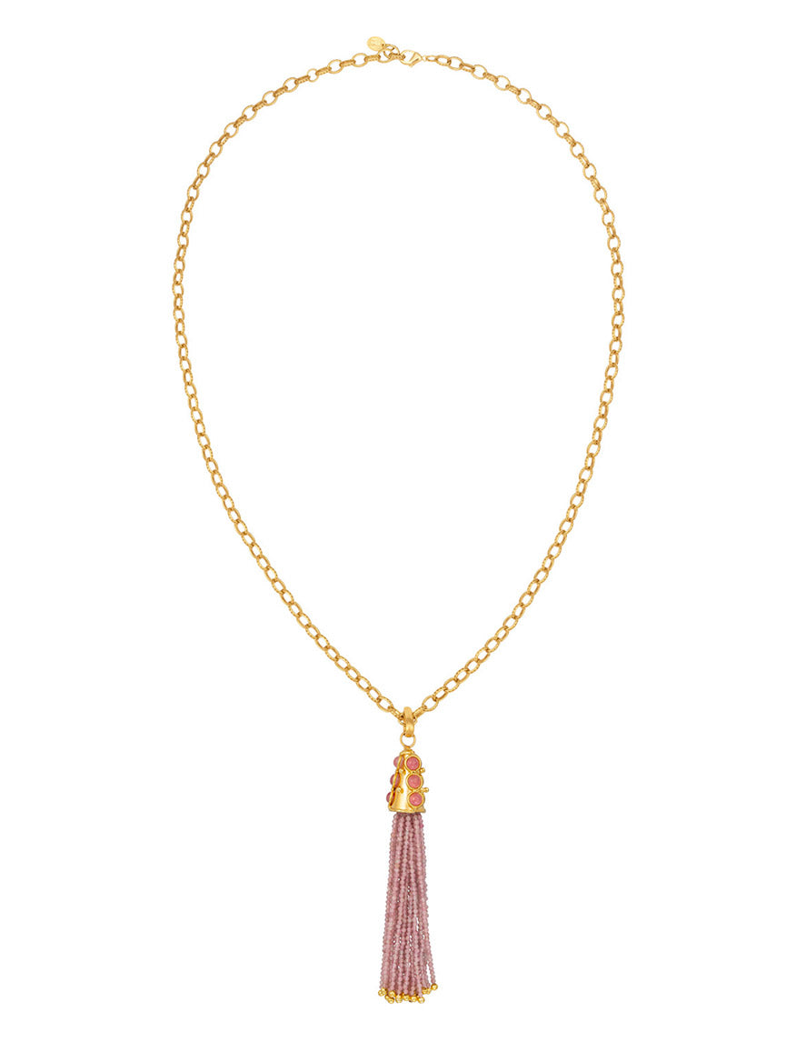 A fine gold Sylvia Toledano Necklace Gio in Pink Jade adorned with a purple tassel pendant, featuring a hint of Pink Jade.