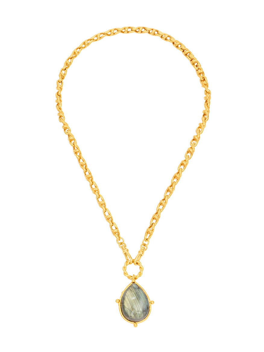 The Sylvia Toledano Pendant Drop Gold Chain with Labradorite features a stunning teardrop-shaped design, showcasing a mesmerizing labradorite stone that beautifully captures light with its greenish hues.